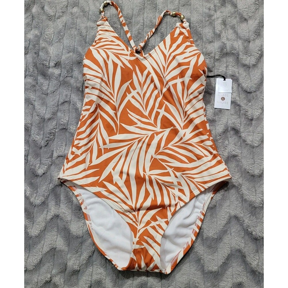 Shade & Shore Womens M 8-10 Tropical Orange Leaves One Piece Swimsuit NWT